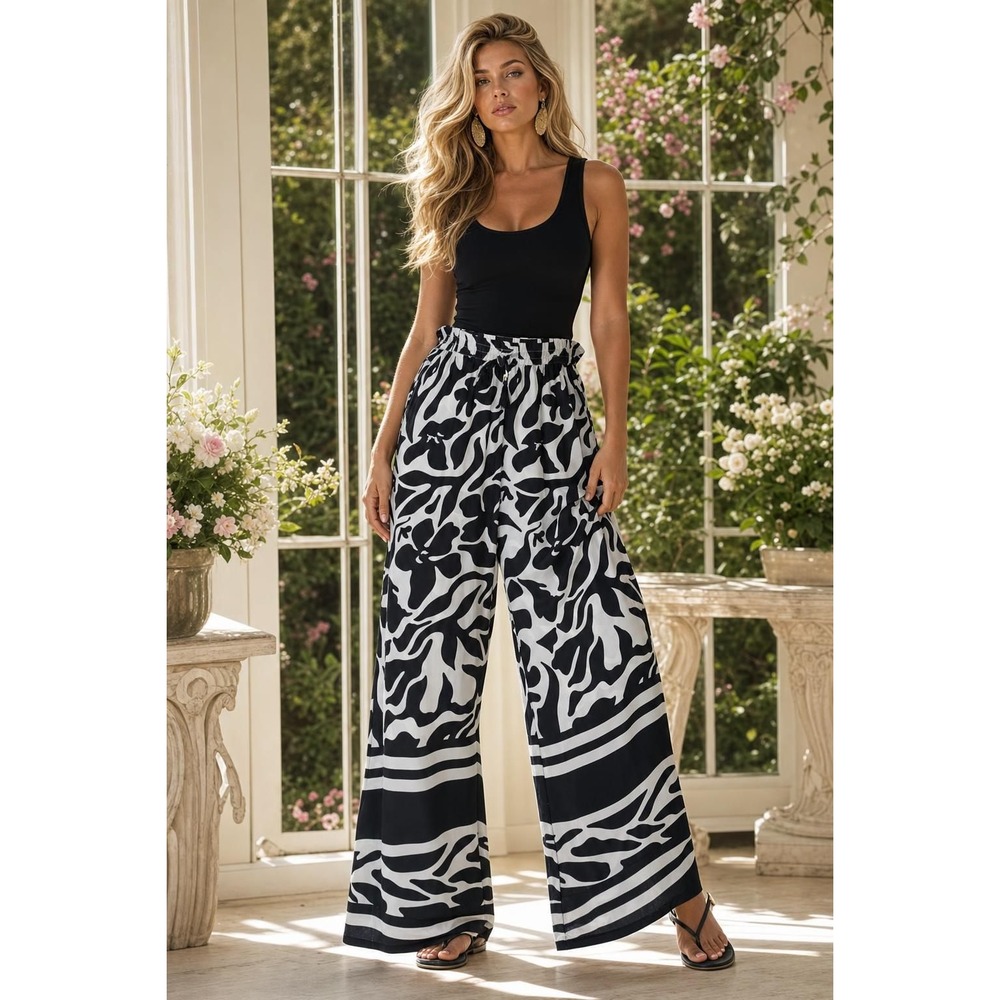 Catherine Malandrino Pants Womens L Black White Floral Wide Leg Palazzo Resort